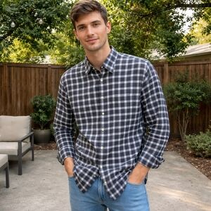 Peter Millar Mens Long Sleeve Button-Down Plaid Shirt Large Black & White